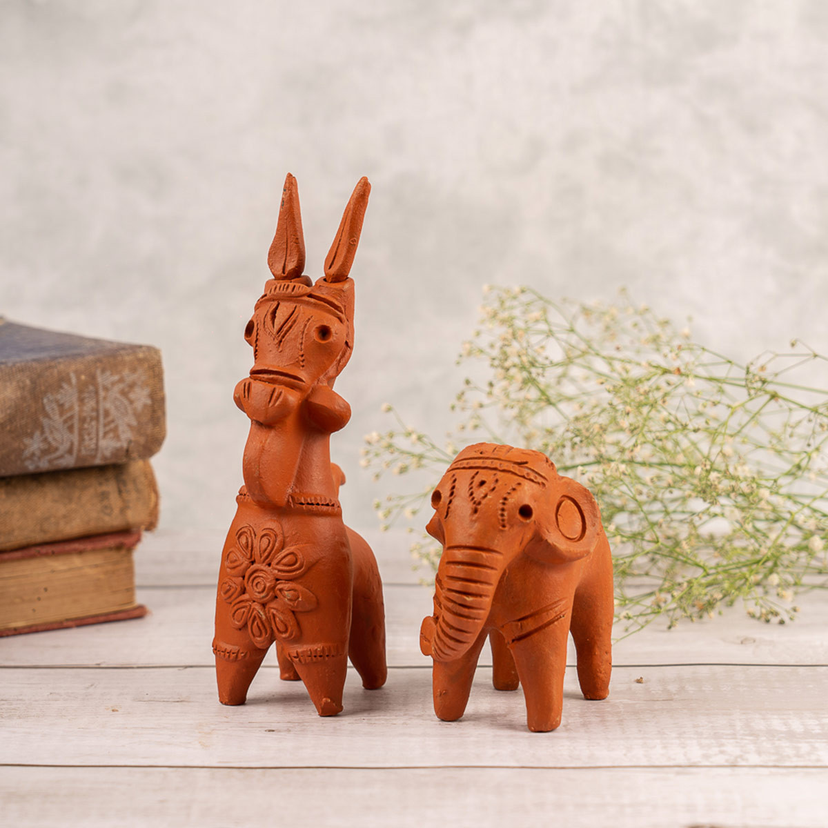 Terracotta Elephant and Horse (Set of 2)