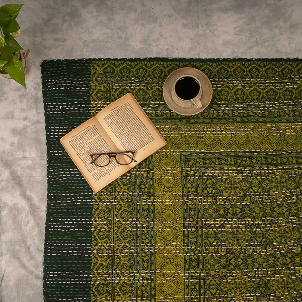 Handstitched Green Kantha Quilt (Single)