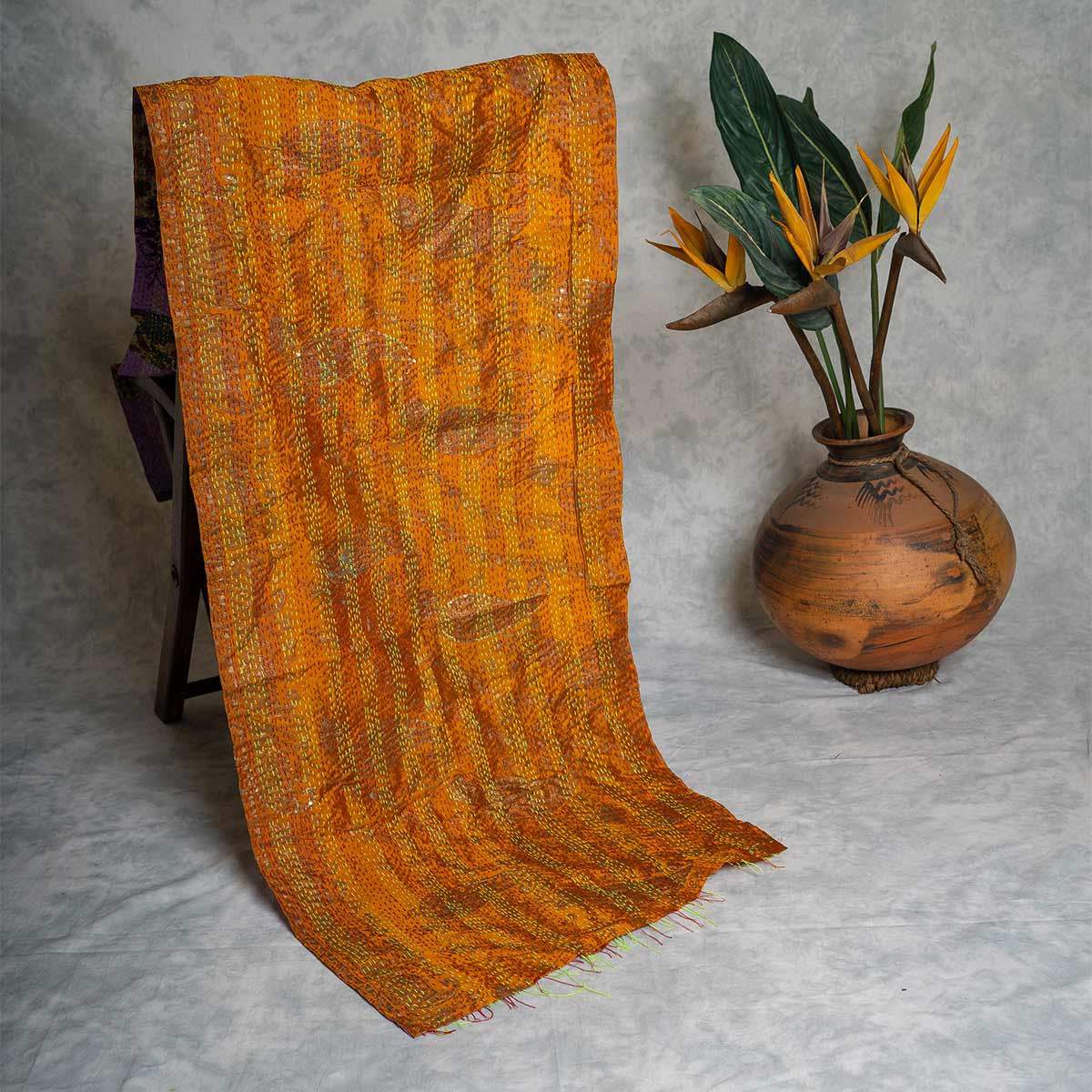 Kantha hand-embroidered silk stole (rust pattern)