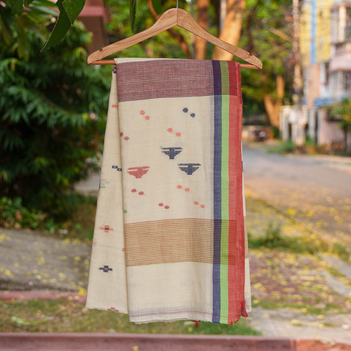 Cotton Jamdani Blue and Green Border Saree