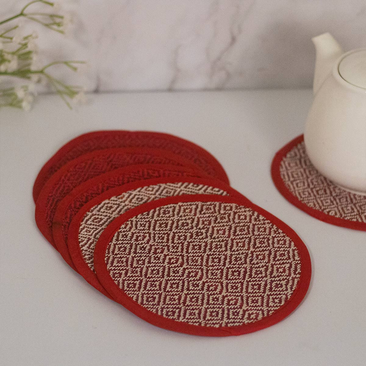 Madurkathi Coasters (Set of 6) (red)