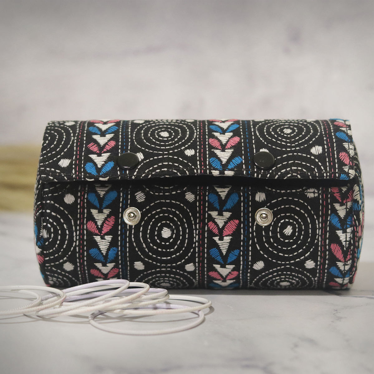 Kantha-stitched Bangle Box (Black)