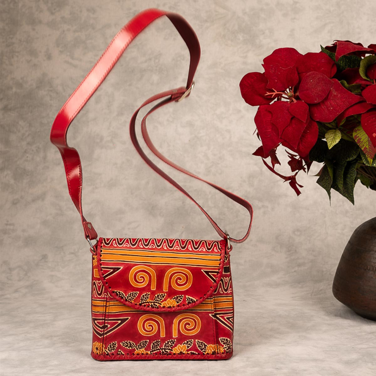 Printed Leather Side Bag (Red)