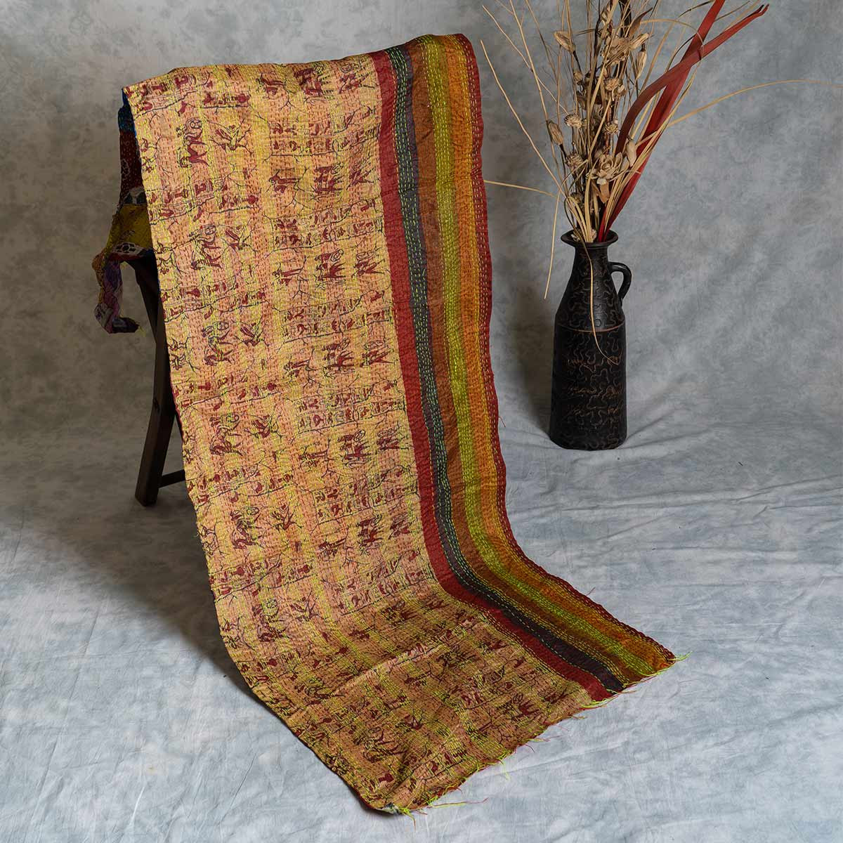 Kantha hand-embroidered silk stole (multi-coloured print)