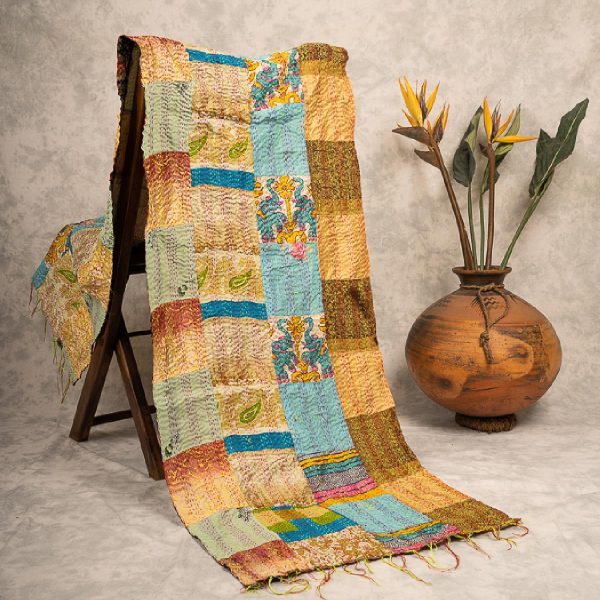 Kantha hand-embroidered silk stole (yellow boxed)