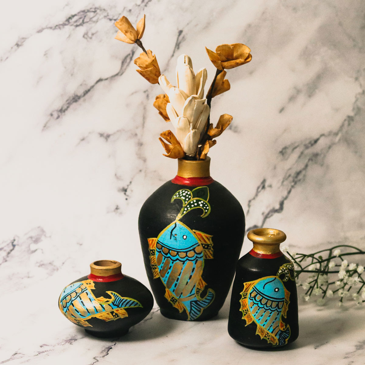 Hand-painted Clay Vases - Set of 3 (Black and Blue) 