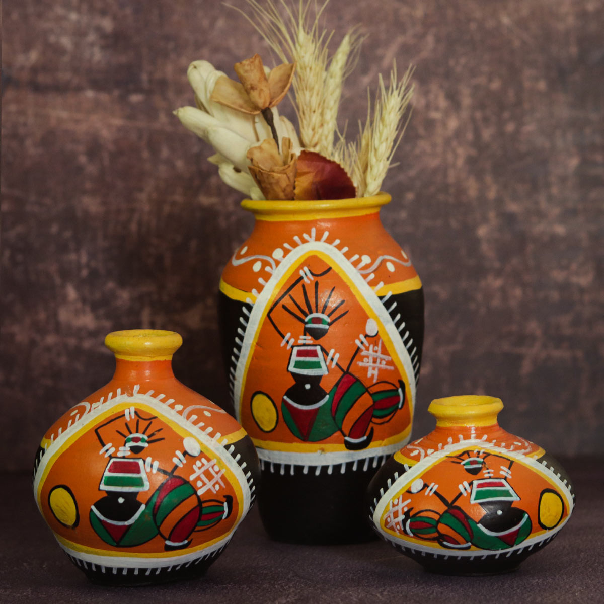 Hand-painted Clay Vases - Set of 3 (Black and Orange) 