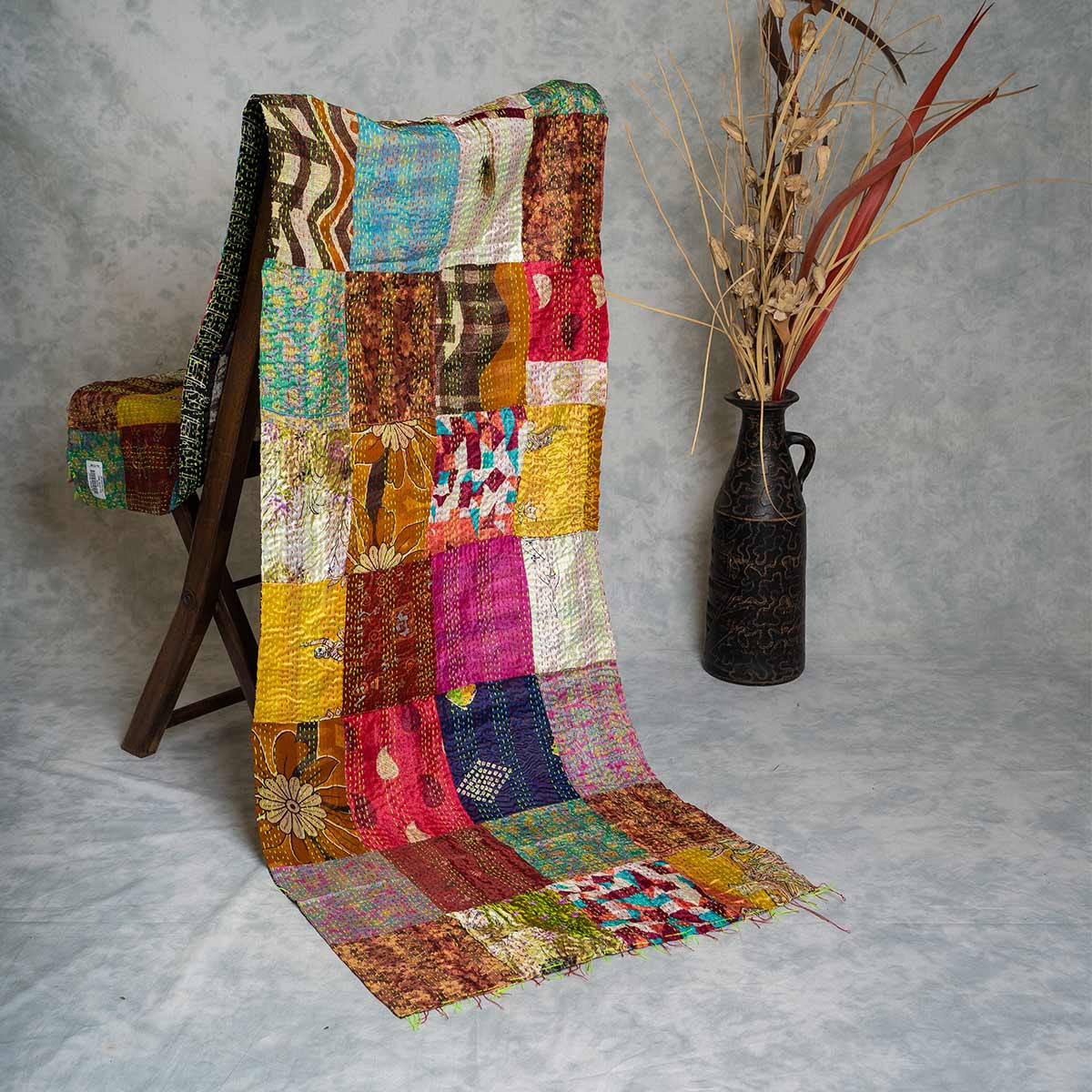 Kantha hand-embroidered silk stole (village motif pattern)