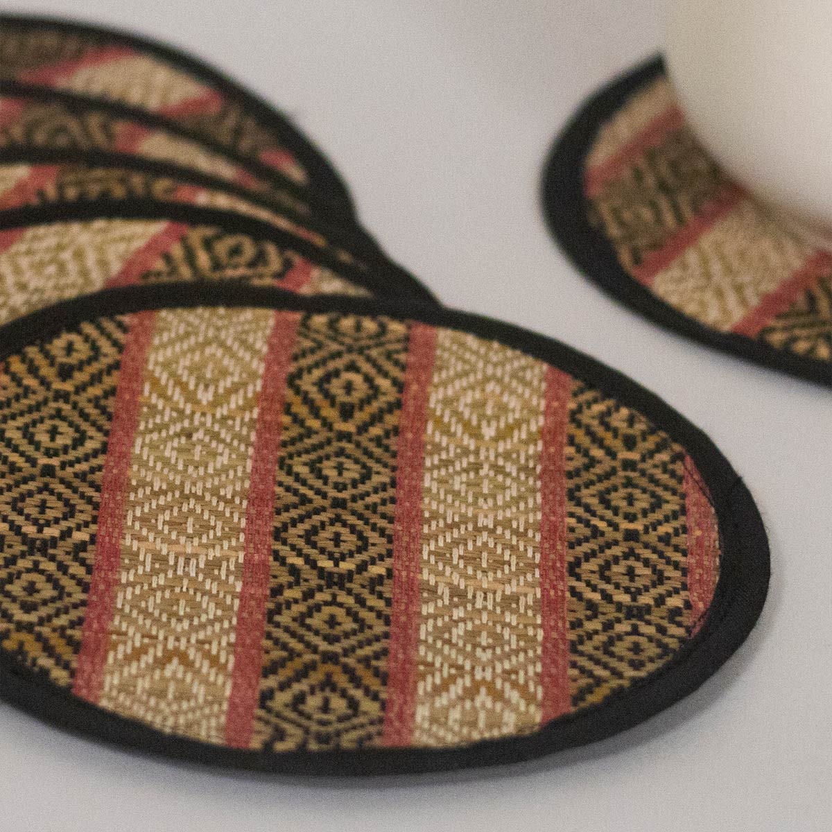Madurkathi Coasters (Set of 6)  (Black pattern)