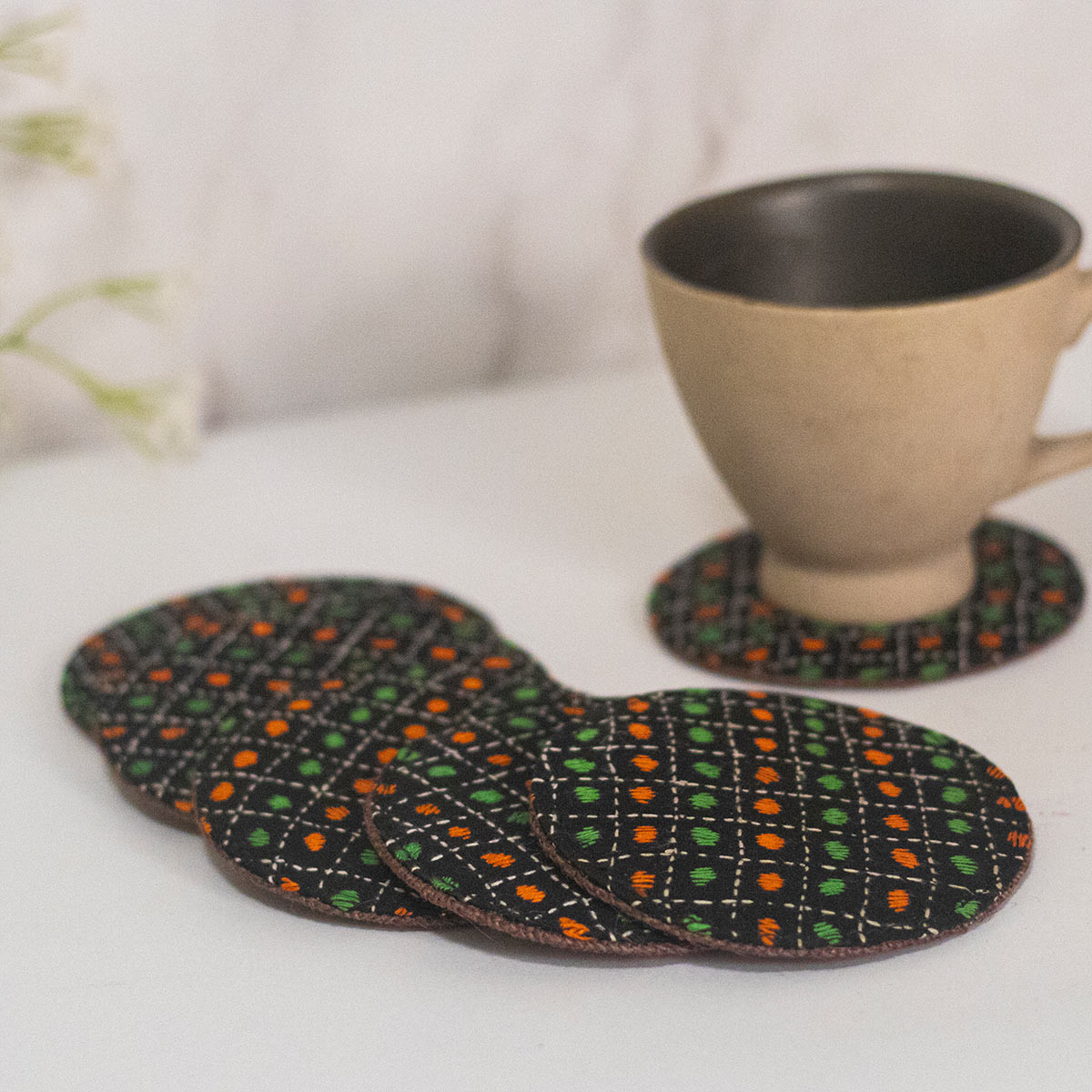 Kantha-stitched Coasters- Black (Set of 6)