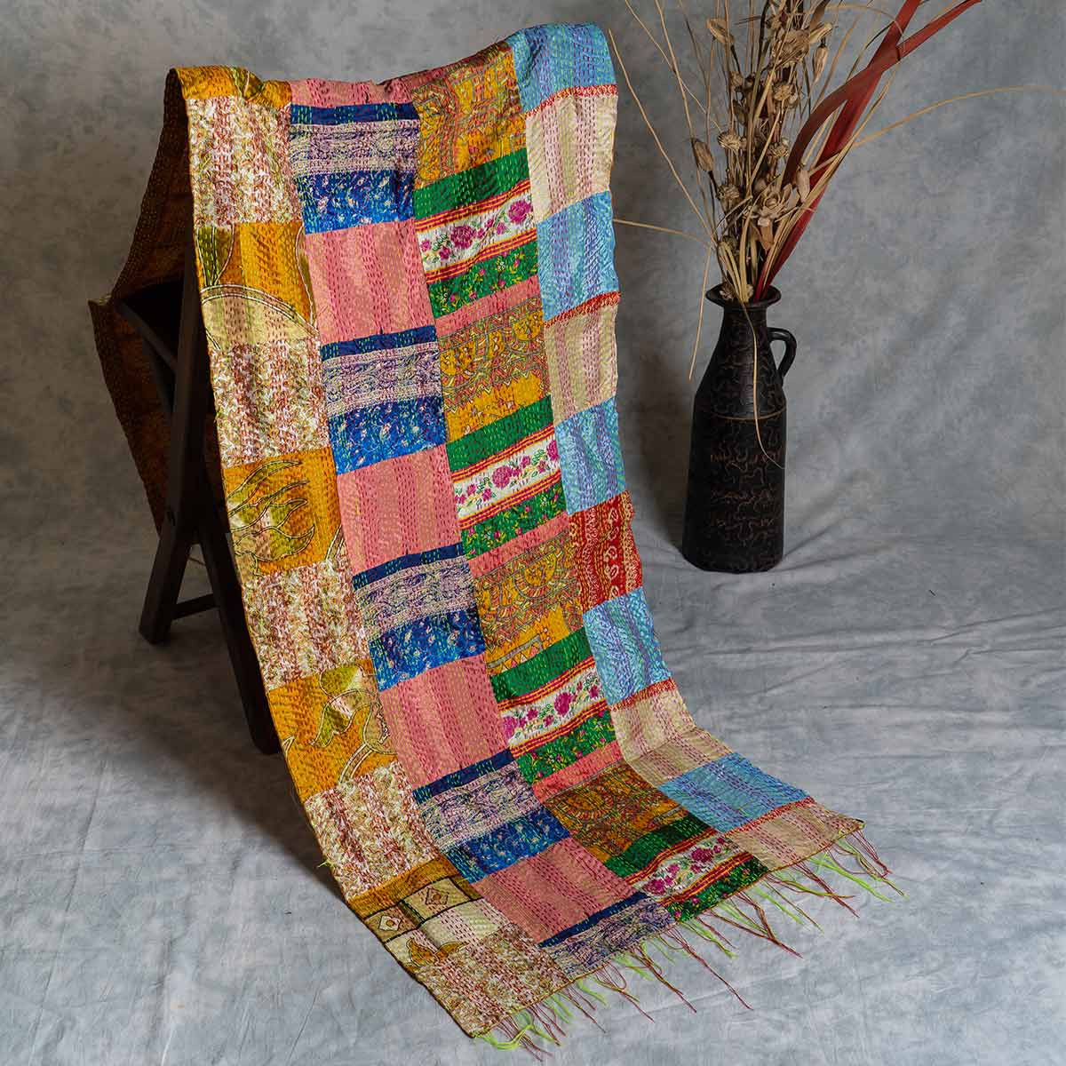 Kantha hand-embroidered silk stole (box pattern)