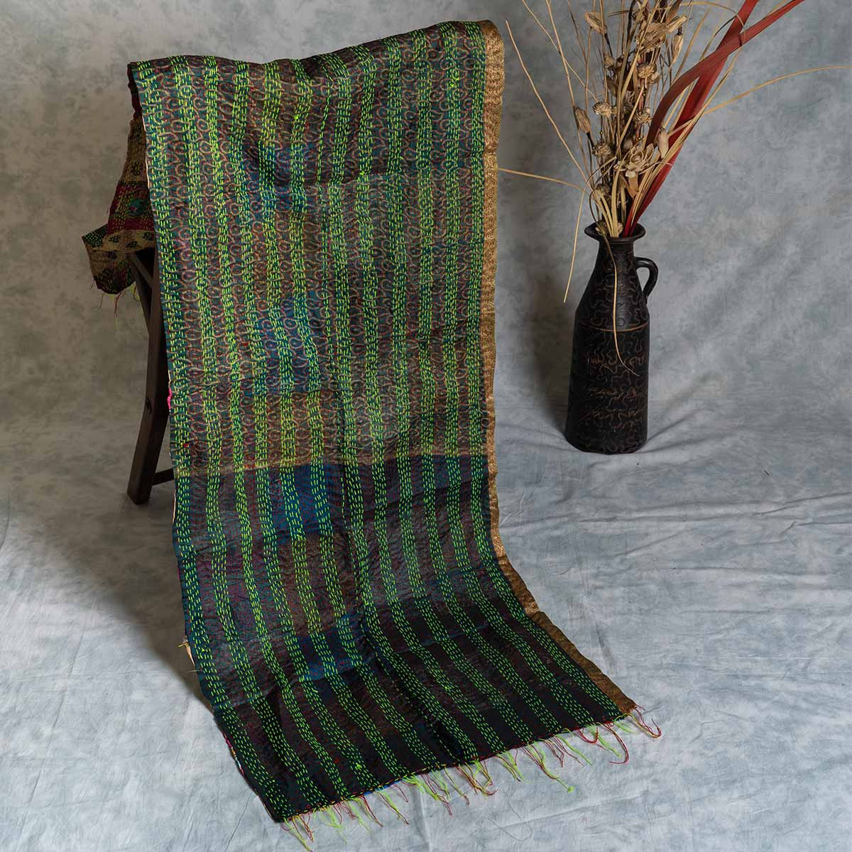 Kantha hand-embroidered silk stole (deep-green-pattern)
