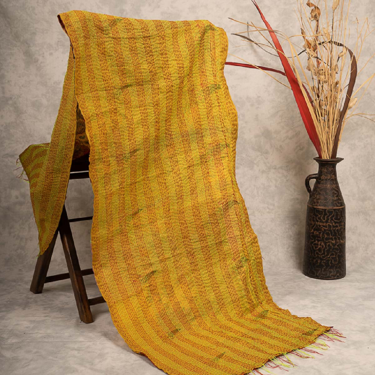 Kantha hand-embroidered silk stole (yellow)