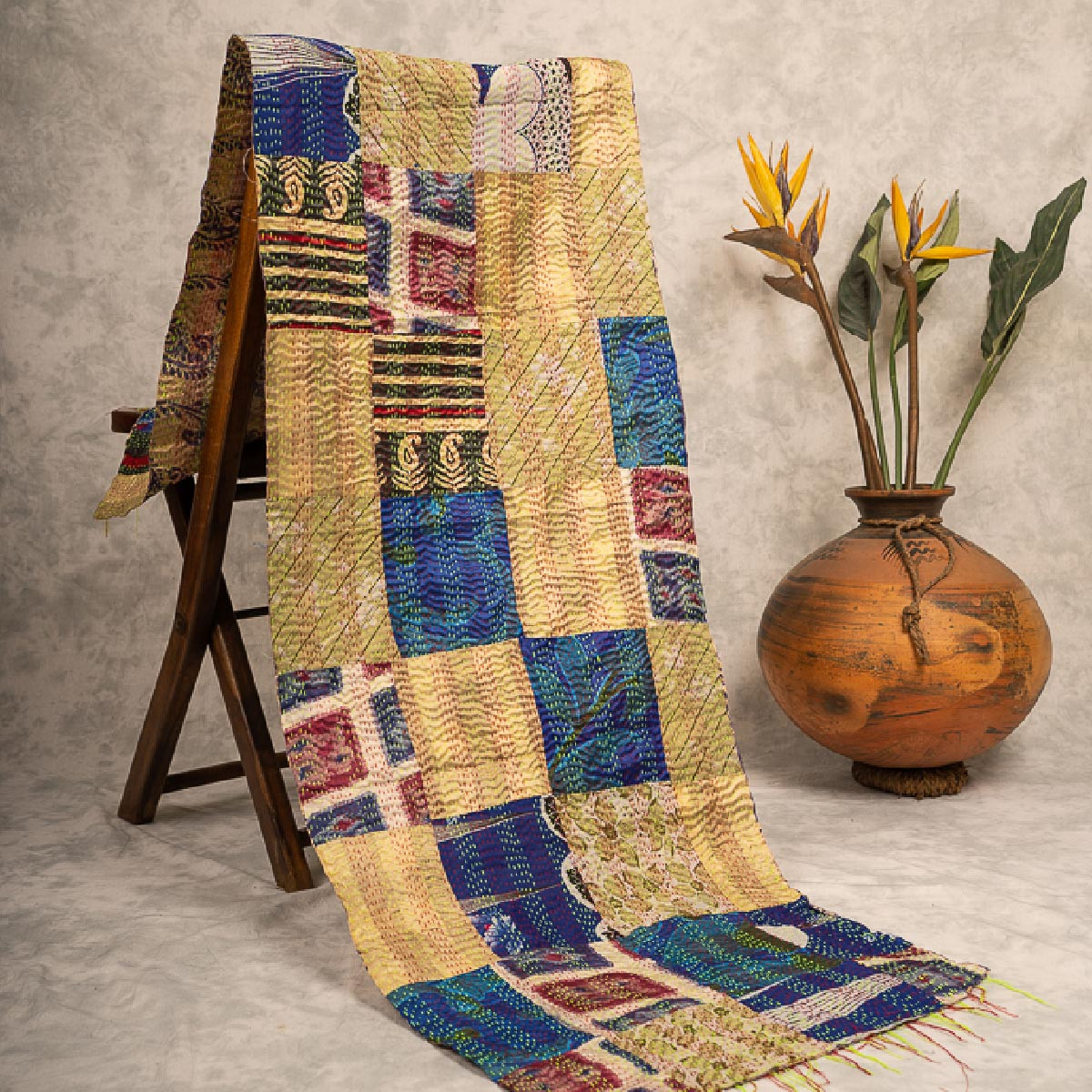 Kantha hand-embroidered silk stole (yellow and blue box pattern)