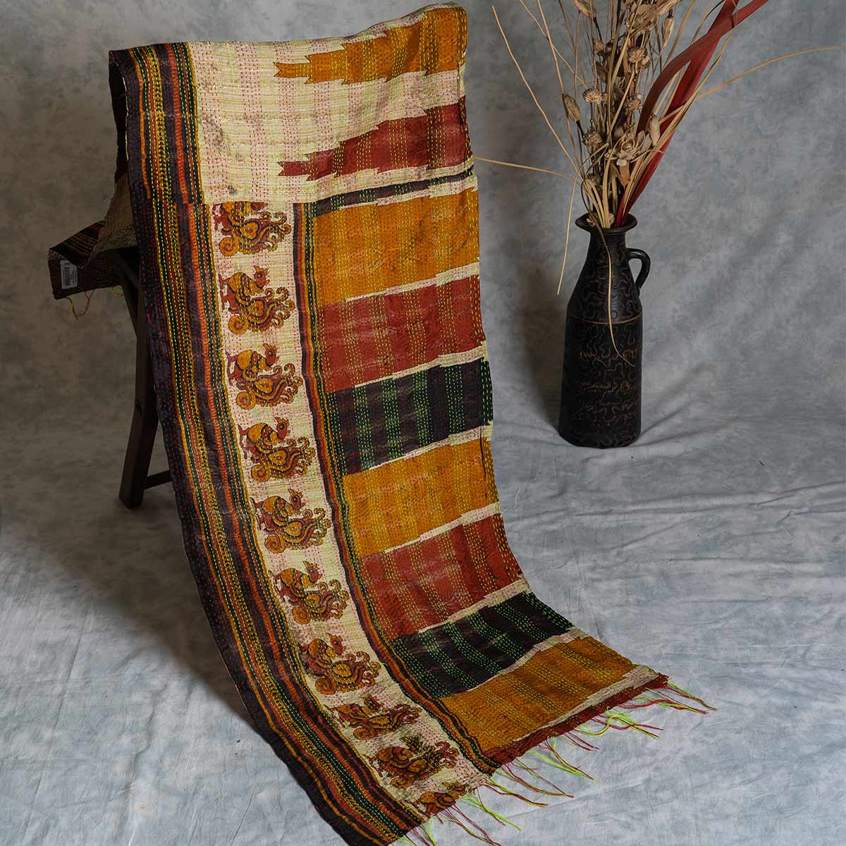 Kantha hand-embroidered silk stole (beige designed)