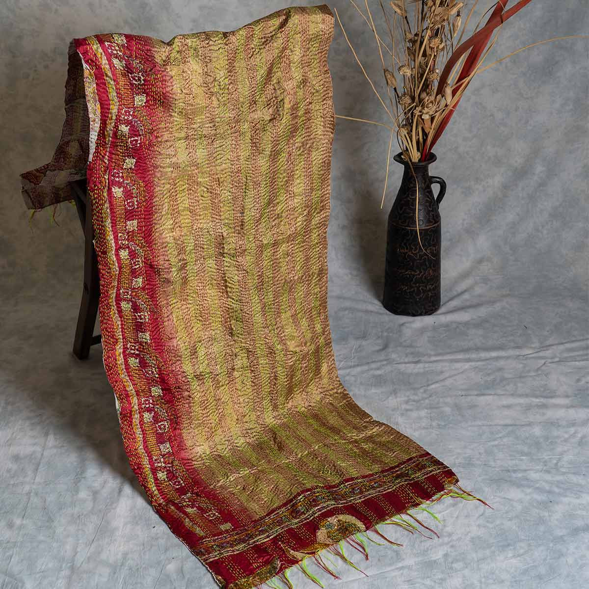 Kantha hand-embroidered silk stole (gold and red)
