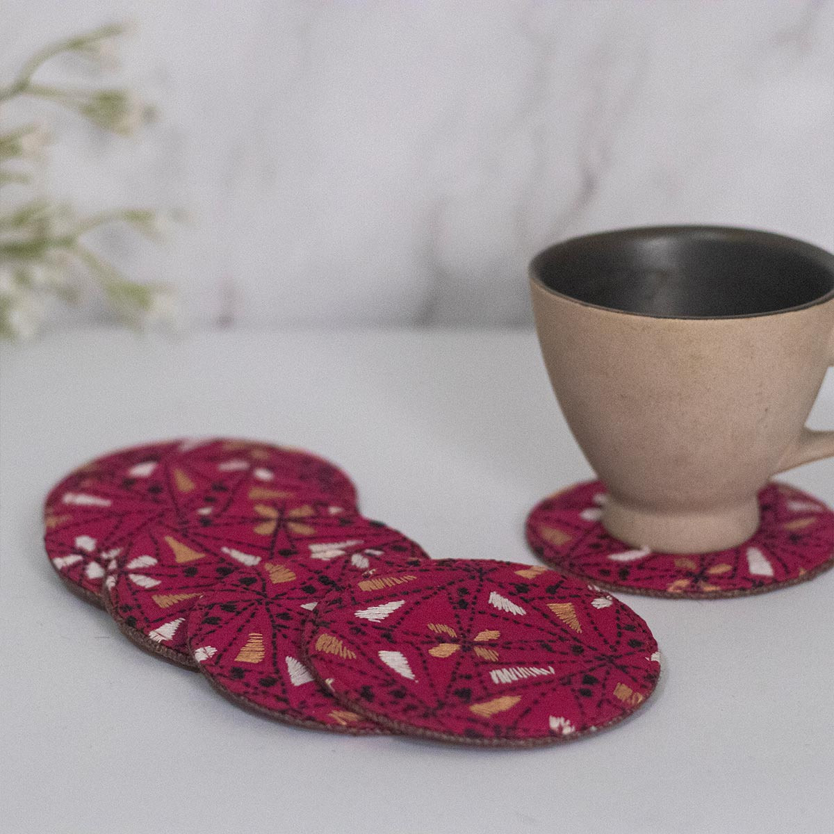 Kantha-stitched Coasters-Pink (Set of 6)