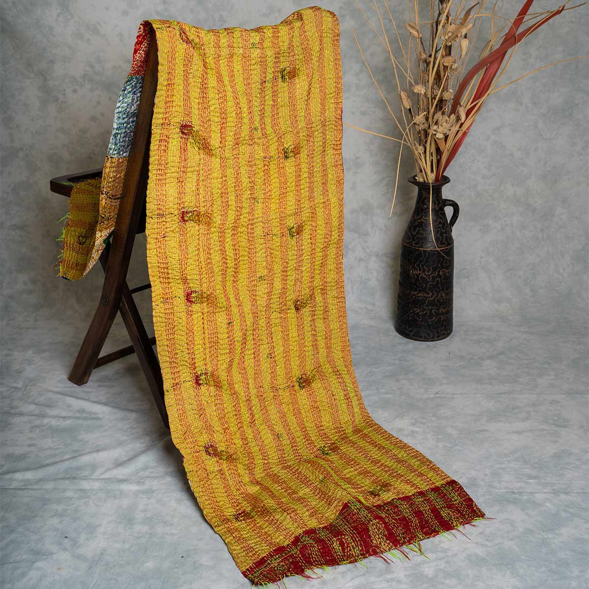 Kantha hand-embroidered silk stole (yellow pattern)