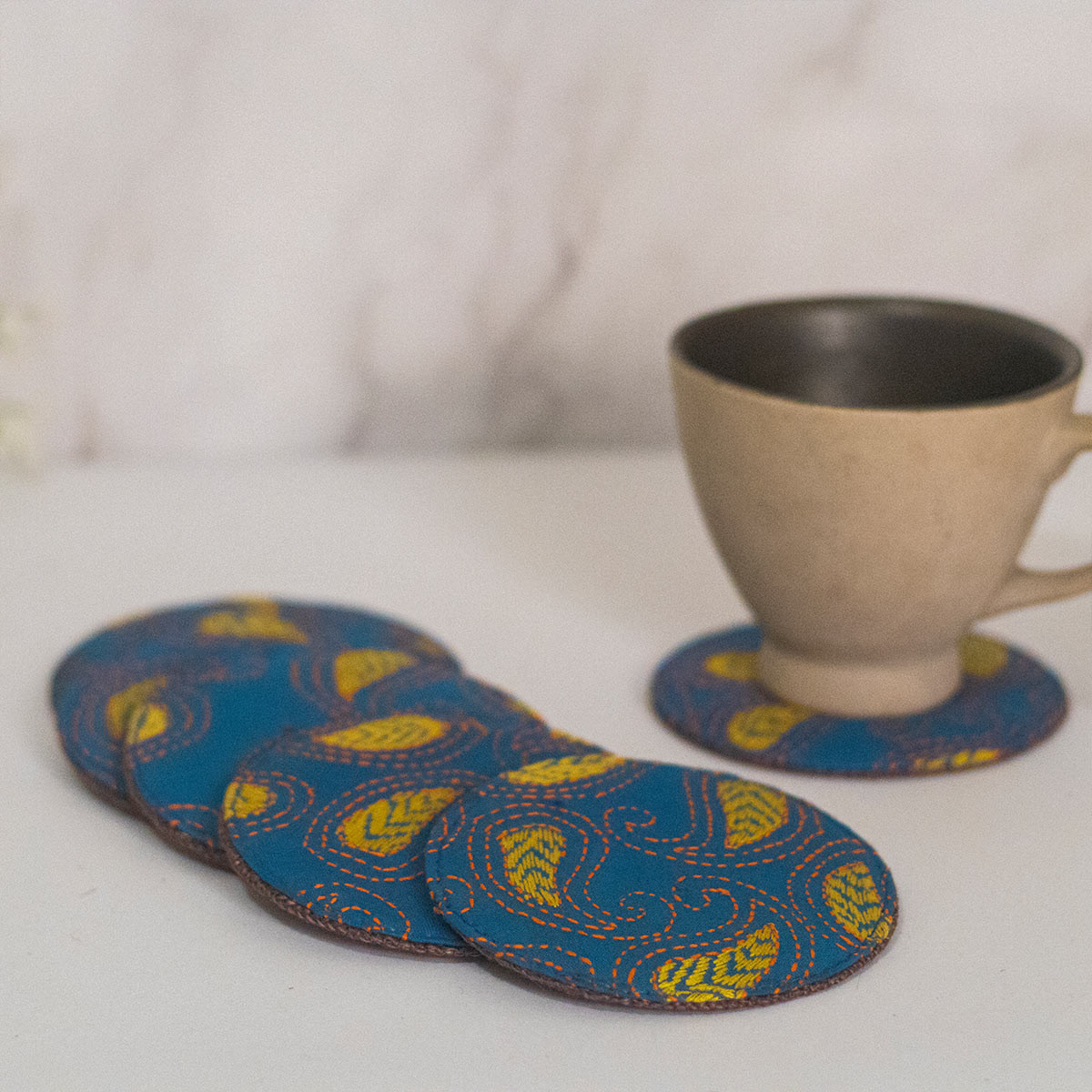 Kantha-stitched Coasters- Blue (Set of 6)