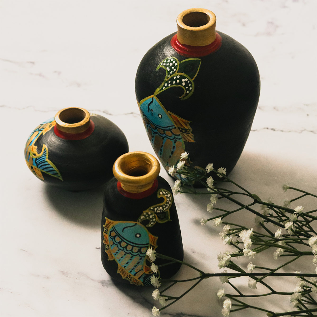 Hand-painted Clay Vases - Set of 3 (Black and Blue) 