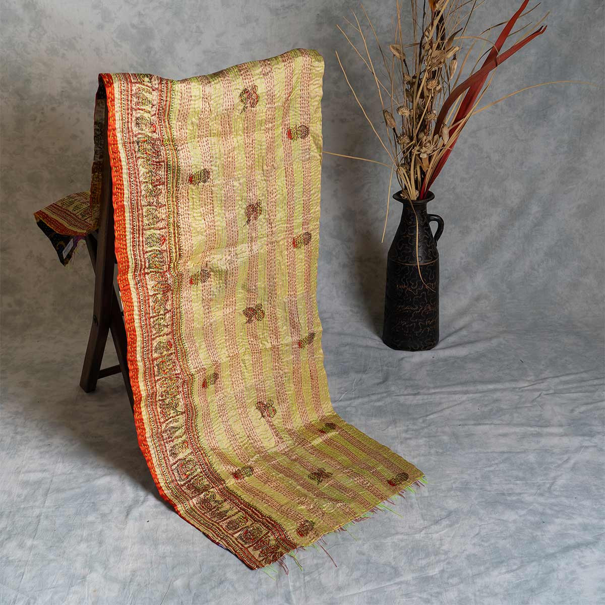 Kantha hand-embroidered silk stole (beige pattern)