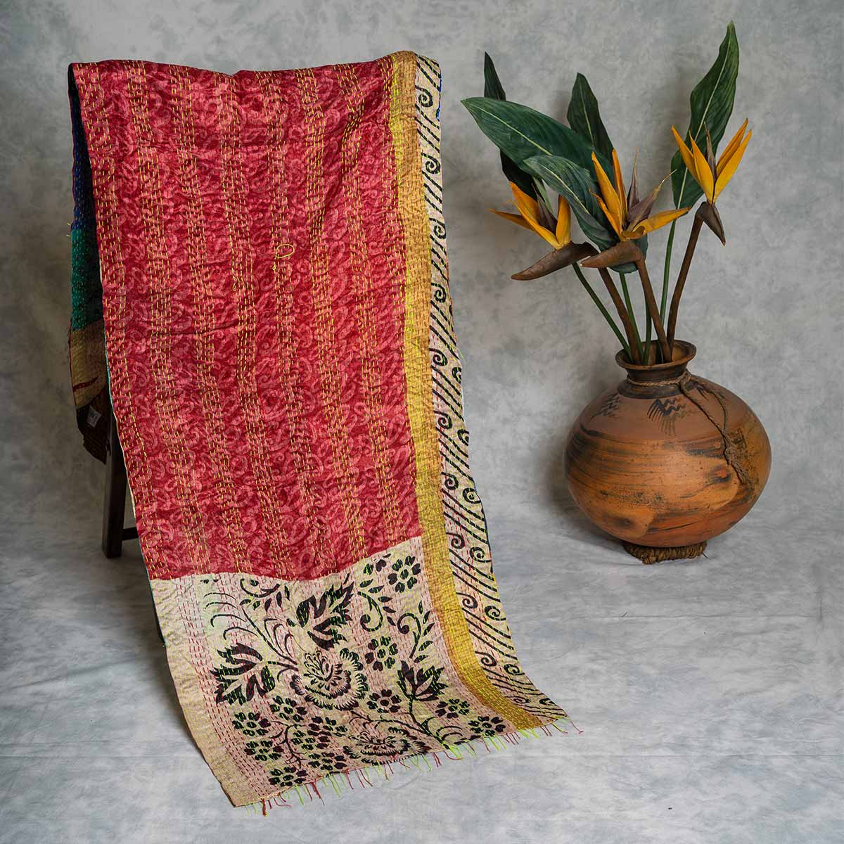 Kantha hand-embroidered silk stole (black & red pattern)