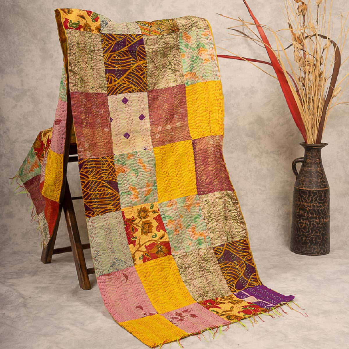 Kantha hand-embroidered silk stole (yellow box pattern)