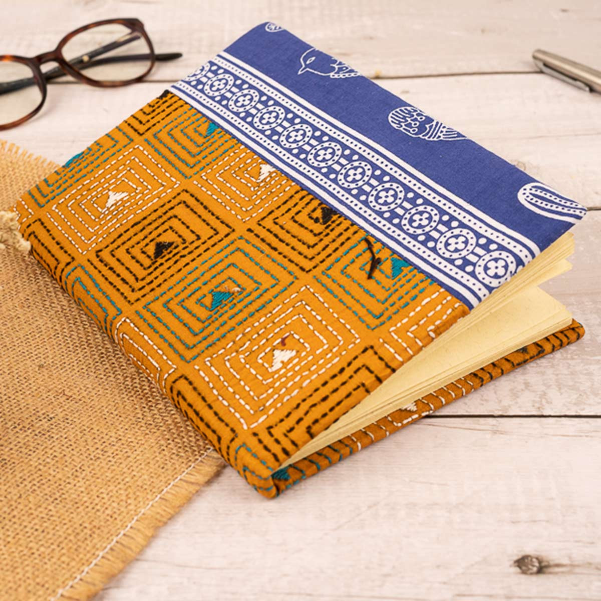 Kantha-stitched Notepad (orange and blue)