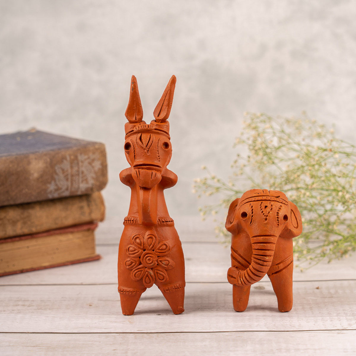 Terracotta Elephant and Horse (Set of 2)