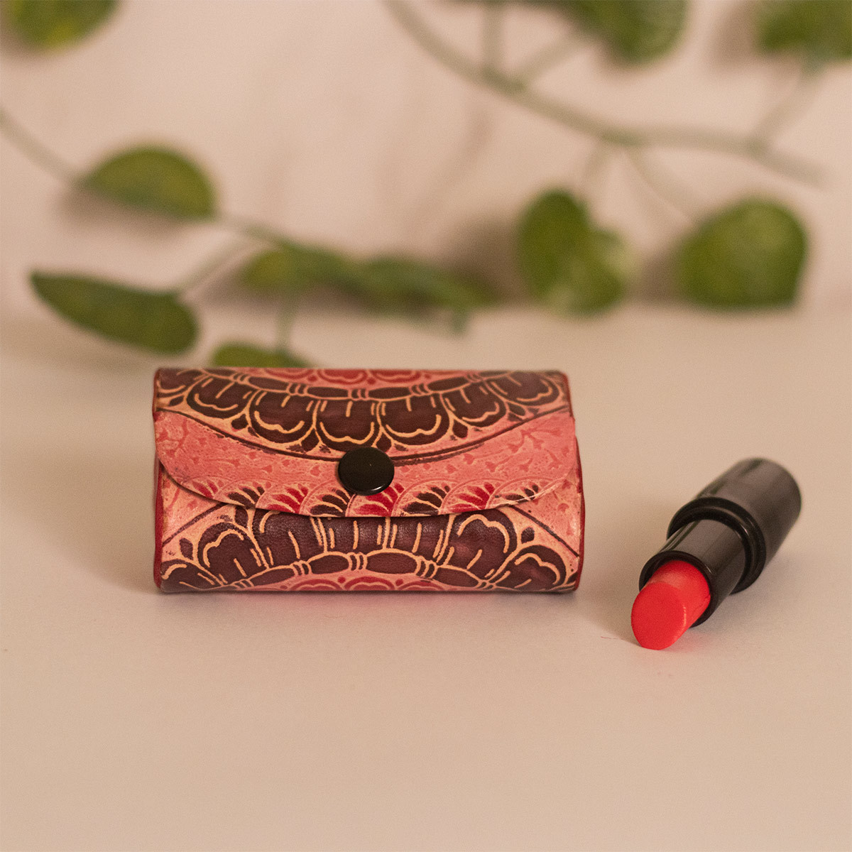 Printed Leather Lipstick Case (Beige and Brown)