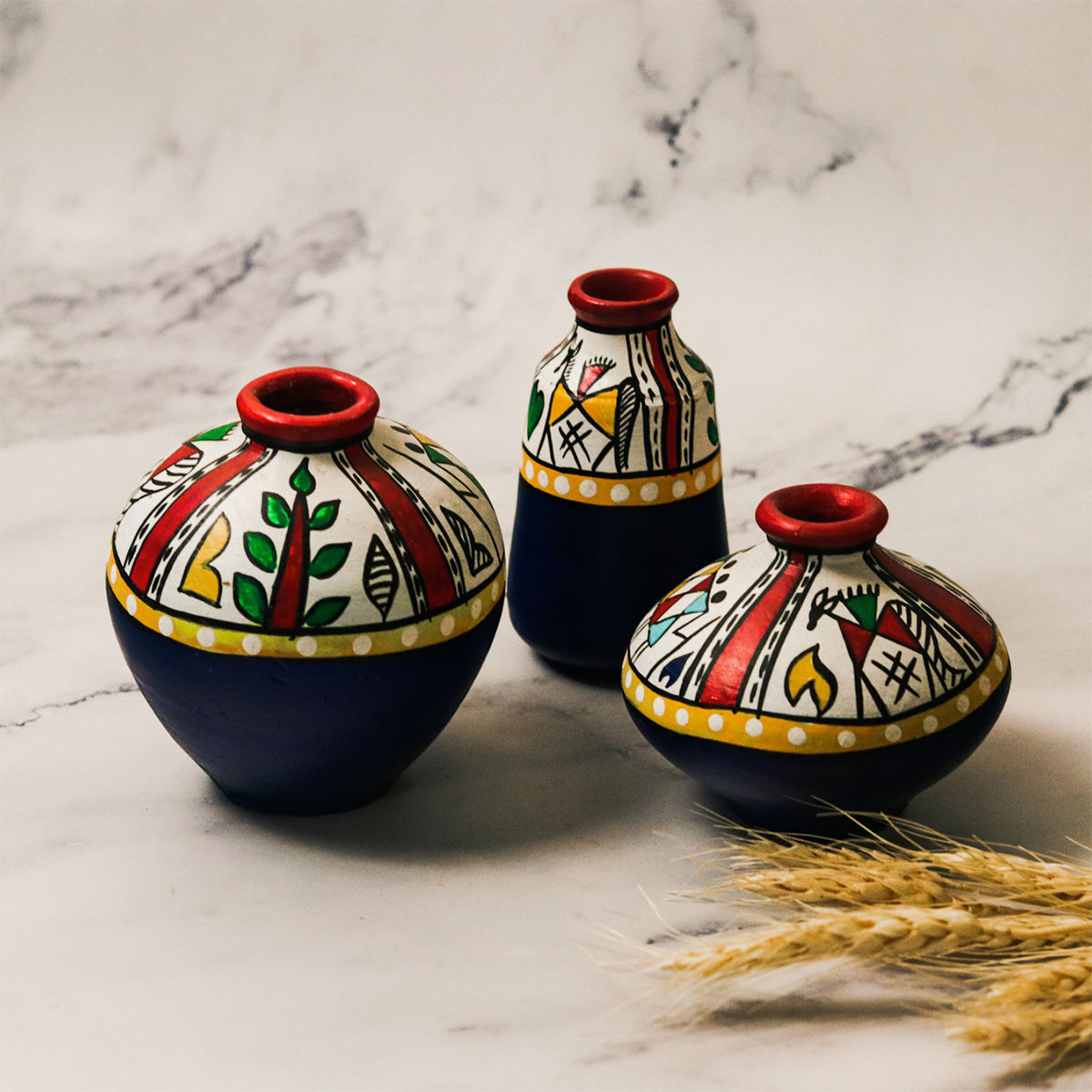 Hand-painted Clay Vases - Set of 3 (Navy and white) 