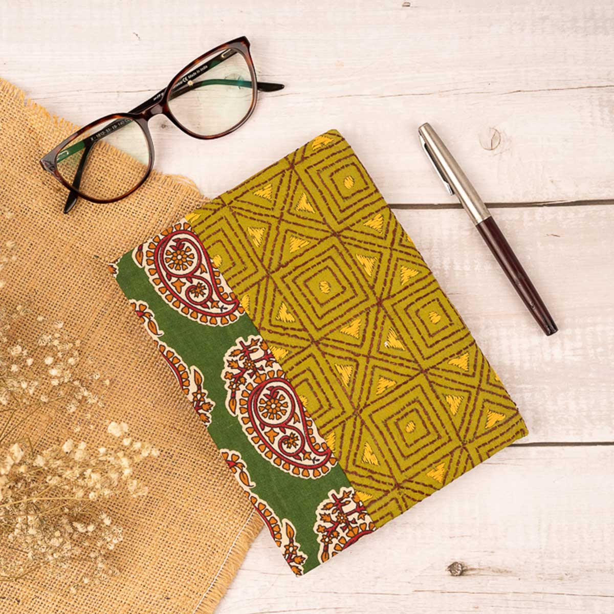 Kantha-stitched Notepad (mustard and green)