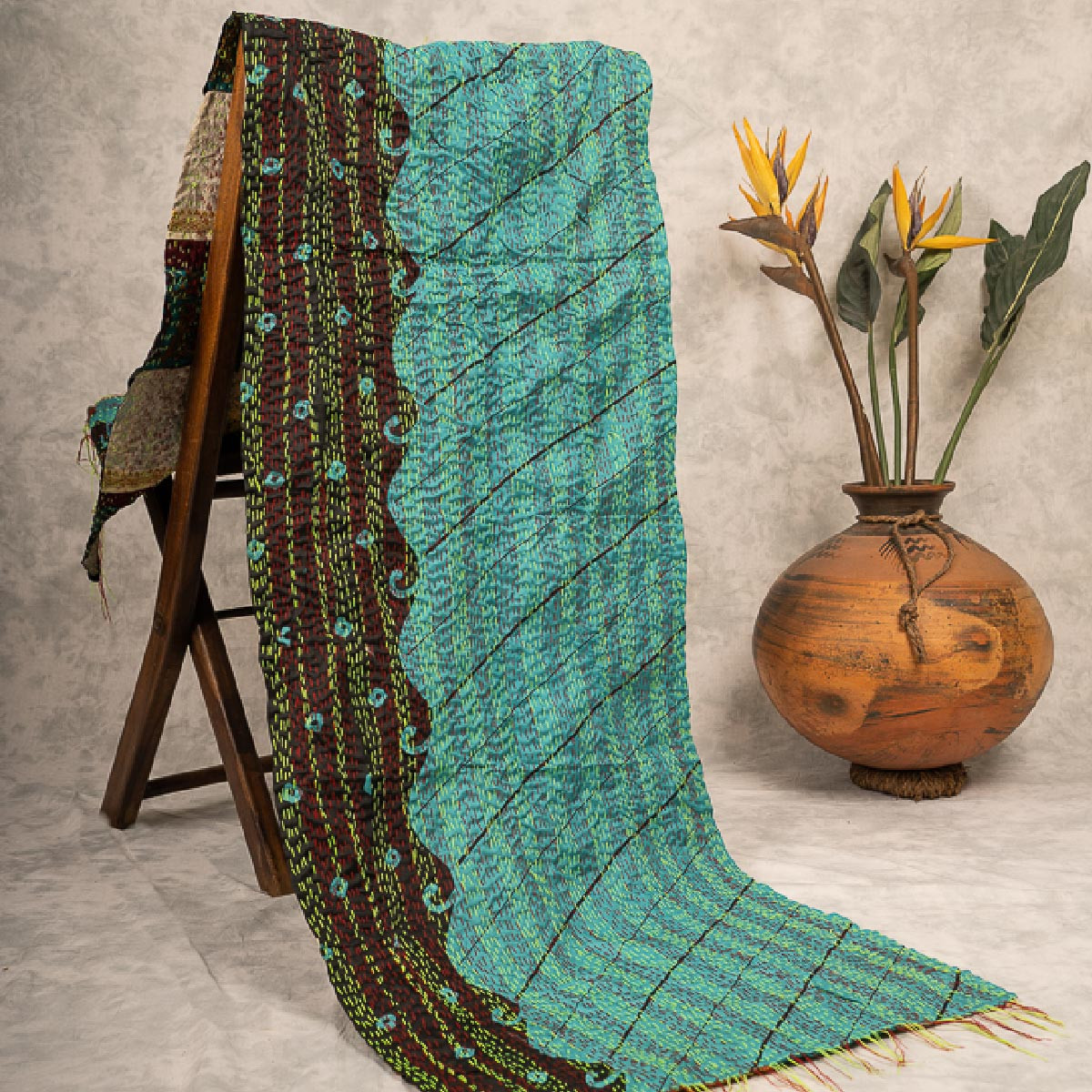 Kantha hand-embroidered silk stole (teal)