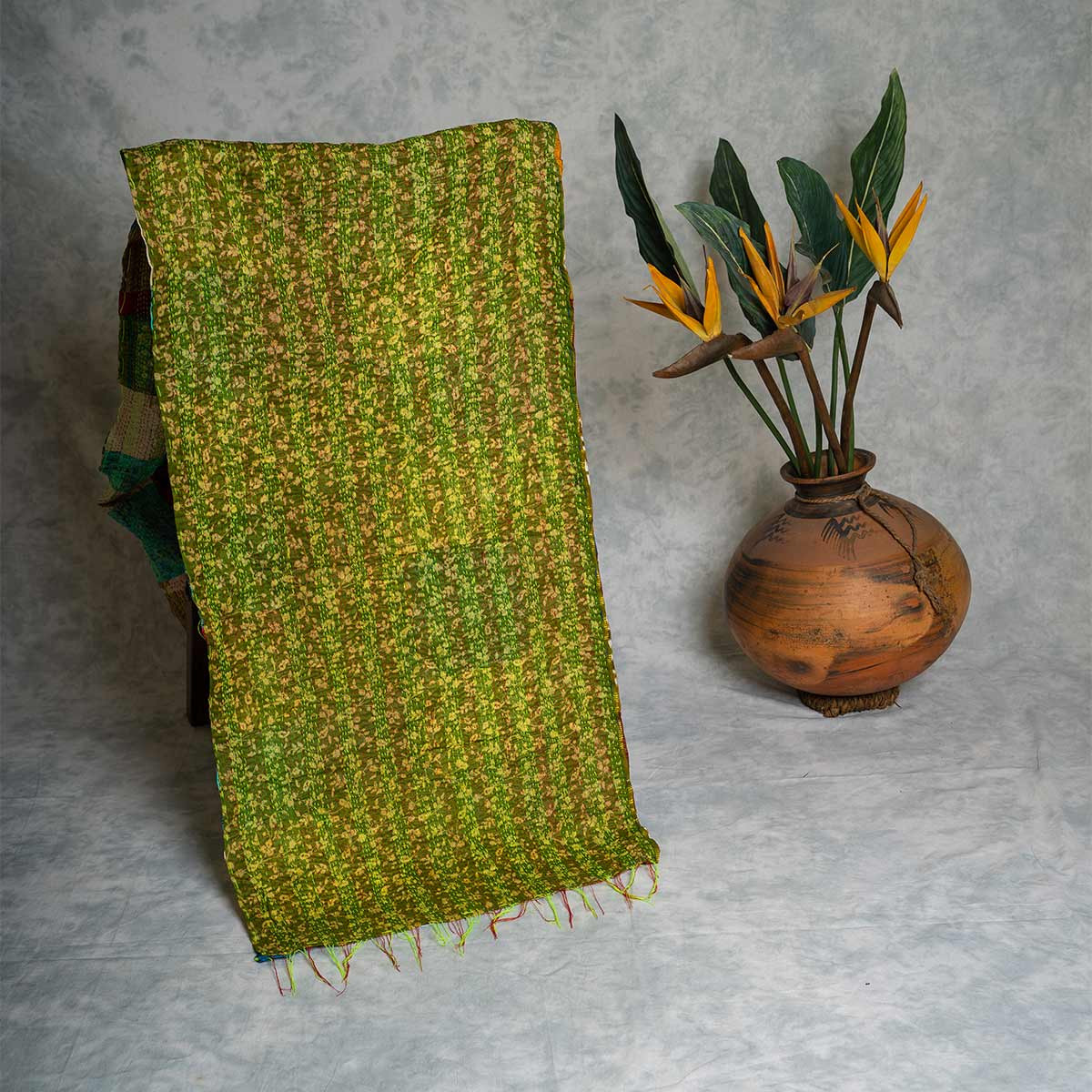 Kantha hand-embroidered silk stole (green line pattern)