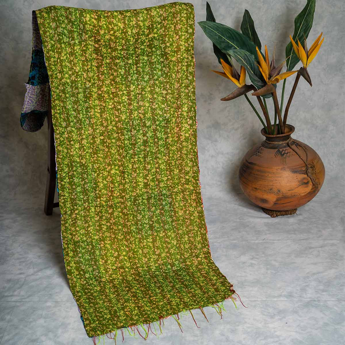 Kantha hand-embroidered silk stole (green pattern)